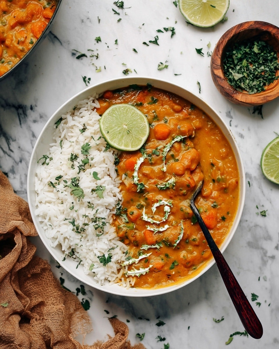 A white bowl filled with two main layers: on the left side, fluffy white rice topped with a lime wedge and a small sprinkle of green herbs; on the right side, thick orange curry with visible chunks of soft vegetables and a creamy texture, garnished with small green herbs and what looks like a swirl of cream or yogurt. A dark wooden spoon rests inside the curry on the right side of the bowl, partially submerged. The bowl sits on a white marbled surface with scattered green herbs around, accompanied by a cut lime piece and a small wooden bowl with herbs nearby. Photo taken with an iphone --ar 4:5 --v 7