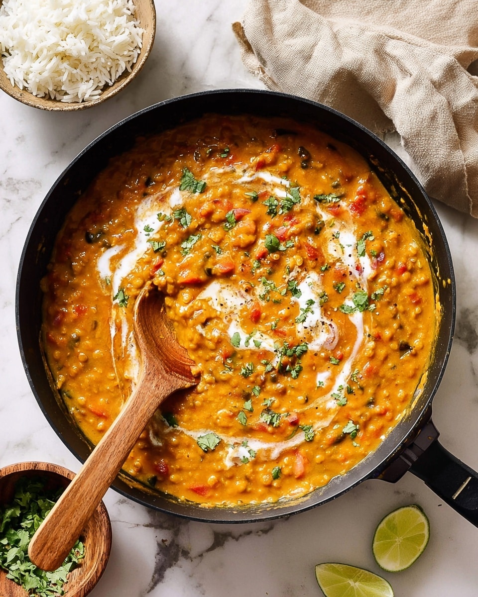 A black pan filled with thick orange lentil curry mixed with small chunks of vegetables like red tomatoes and green herbs, topped with light swirls of white cream and sprinkled with chopped green cilantro leaves; a wooden spoon is partially dipped into the curry, resting on the left side of the pan. To the left of the pan, there is a bowl with fluffy white rice, while a small wooden bowl with chopped cilantro sits nearby. A wedge of lime is placed on the white marbled surface to the right, and a beige cloth is softly draped in the upper right corner. Photo taken with an iphone --ar 4:5 --v 7
