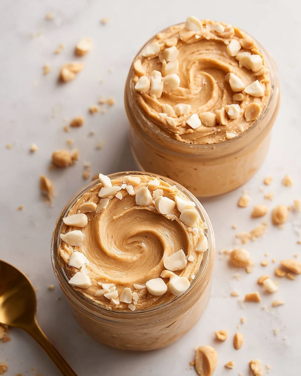 The image shows two small glass jars filled with creamy, light brown peanut butter with a smooth, swirled texture on top. Each jar has a layer of roughly chopped peanuts sprinkled over the peanut butter, adding texture and a light beige color with white nut pieces. The jars are placed on a surface with a white marbled texture, and a few peanut pieces are scattered around the jars. A golden spoon is partially visible in the lower left corner, enhancing the scene. photo taken with an iphone --ar 4:5 --v 7
