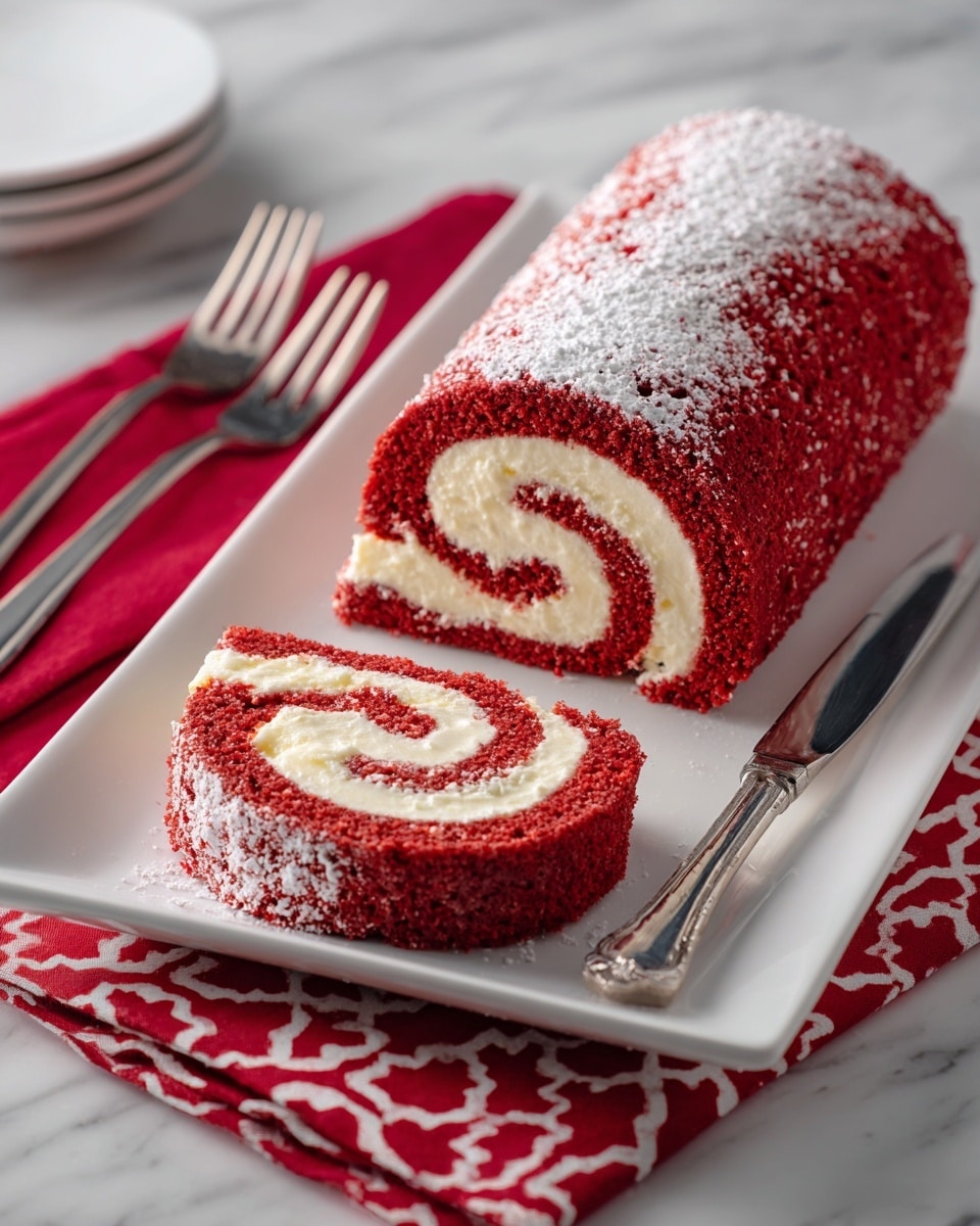 The image shows a red velvet roll cake with two slices cut and laid in front, revealing the smooth white cream filling tightly swirled inside the vibrant red cake layer. The cake's surface is soft and slightly textured, dusted lightly with powdered sugar. The dessert is placed on a long white rectangular plate on a white marbled surface. A silver fork and knife rest near the plate, and a red cloth with a white geometric pattern is in the background. Photo taken with an iphone --ar 4:5 --v 7