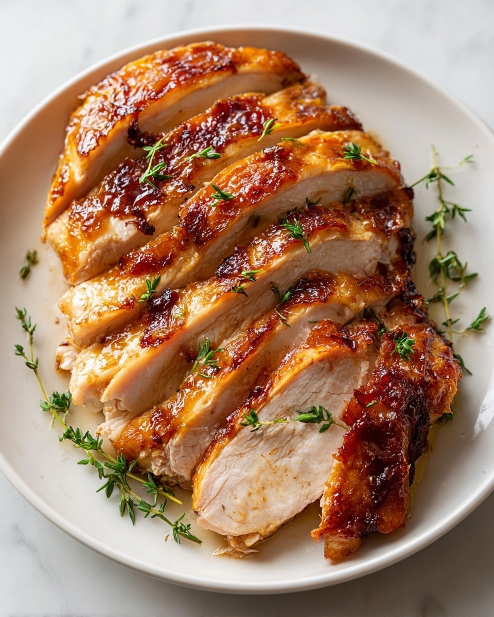 A white plate holds a sliced roasted chicken breast with a golden-brown crispy skin on top. The chicken is cut into about seven thick, uneven slices, showing juicy white meat inside. Small green herb sprigs are scattered on and around the chicken, adding a fresh touch. The chicken skin has a shiny, slightly oily texture with browned spots, and the meat looks tender and moist. The background is a white marbled surface. photo taken with an iphone --ar 4:5 --v 7