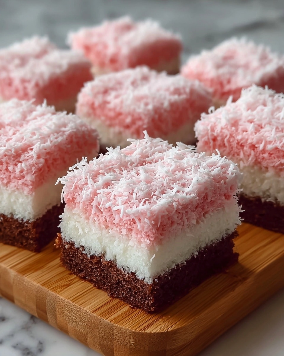 The image shows six square layered cakes placed closely on a wooden board. Each cake has three visible layers: the bottom layer is a dark brown, soft-looking cake, the middle layer is white and thick with a creamy texture, and the top layer is pink, fluffy, and covered with white shredded coconut. The cakes look moist and soft, with the shredded coconut adding a light, textured finish. The background has a white marbled texture. photo taken with an iphone --ar 4:5 --v 7