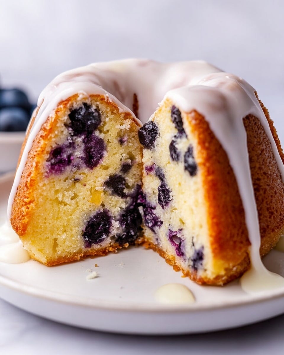 A small bundt cake cut in half sits on a white plate with a white marbled background. The cake has a light golden brown crust, with a soft, moist yellow inside filled with dark blue and purple blueberries scattered evenly throughout. Over the top, a thick white glaze slowly drips down the sides, pooling gently on the plate. The glaze is smooth and slightly shiny, contrasting with the crumbly texture of the cake. Photo taken with an iphone --ar 4:5 --v 7