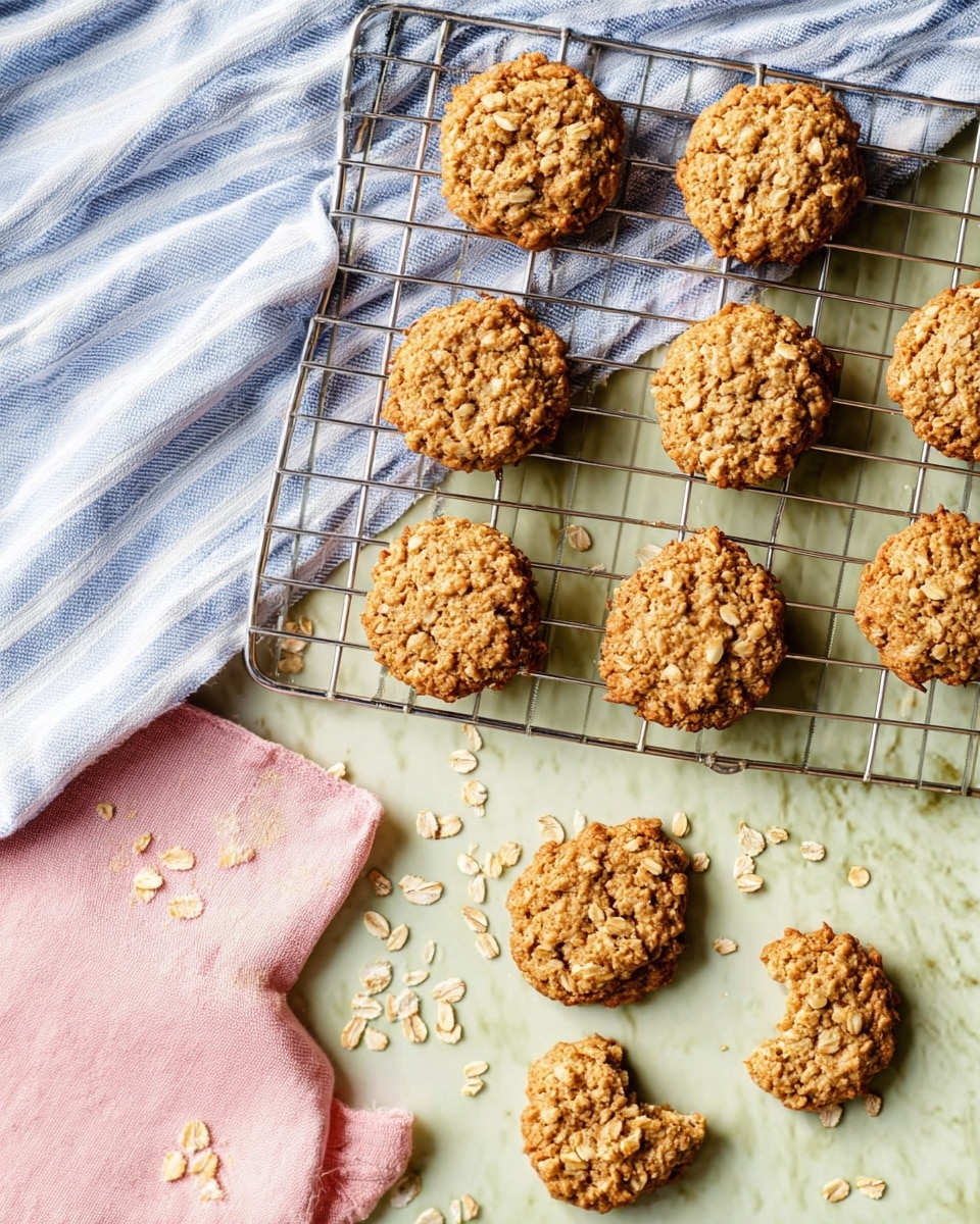The image shows a cooling rack with ten rough round oatmeal cookies in light brown color, placed on a white marbled surface covered by a folded blue and white striped cloth and a pink cloth in the corner. Two cookies are split and placed near the bottom right, showing the inside crumb texture. The oatmeal flakes are visible on the cookies, giving a rough, grainy look. There are scattered loose oats around the rack on the white marbled surface. photo taken with an iphone --ar 4:5 --v 7