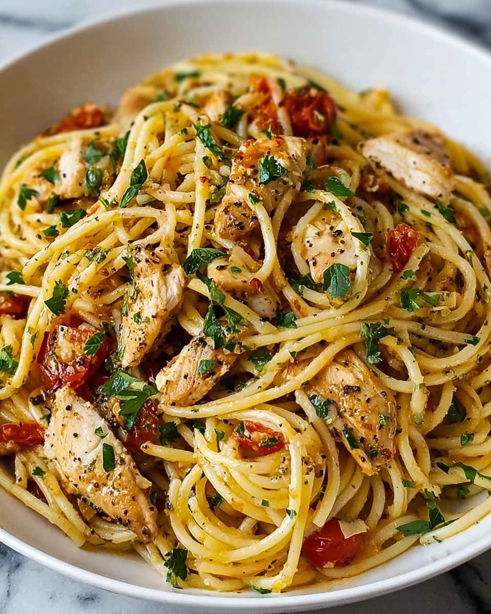 A white plate holds a generous serving of spaghetti mixed with pieces of grilled chicken. The spaghetti strands are light yellow, tangled well with small bits of red cherry tomatoes and sprinkled with chopped green parsley. The grilled chicken pieces are light brown with visible black pepper and herbs on the surface, scattered evenly among the pasta. The dish sits on a white marbled surface, looking fresh and well-seasoned. photo taken with an iphone --ar 4:5 --v 7