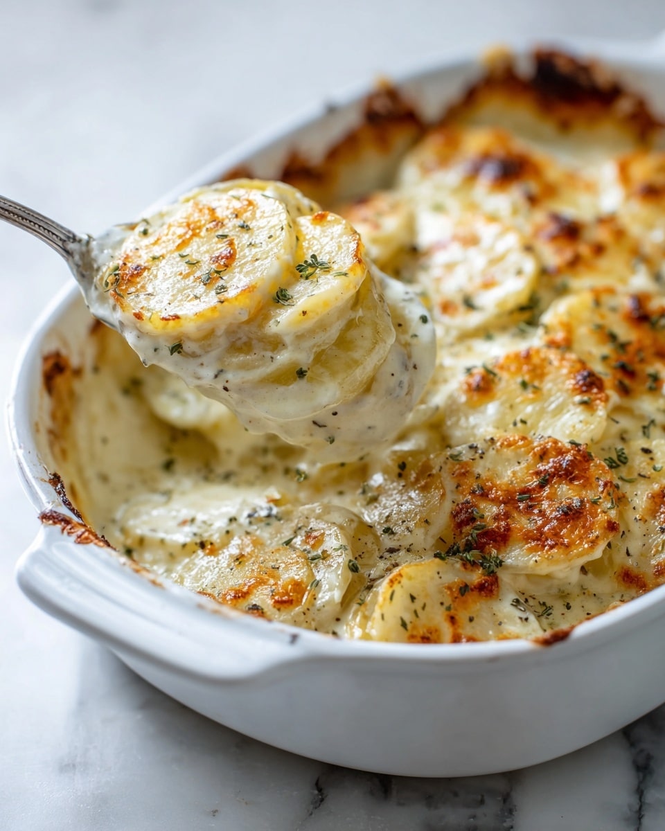 The image shows a white baking dish filled with creamy scalloped potatoes. There are several layers of thin, round potato slices with a light golden top layer, slightly browned and bubbly from baking. The creamy sauce between the layers is thick and smooth, tinted off-white with specks of black pepper and green herbs sprinkled on top. A silver spoon is scooping up a portion, revealing the soft, cooked potato slices stacked in layers. The dish sits on a white marbled surface. Photo taken with an iphone --ar 4:5 --v 7