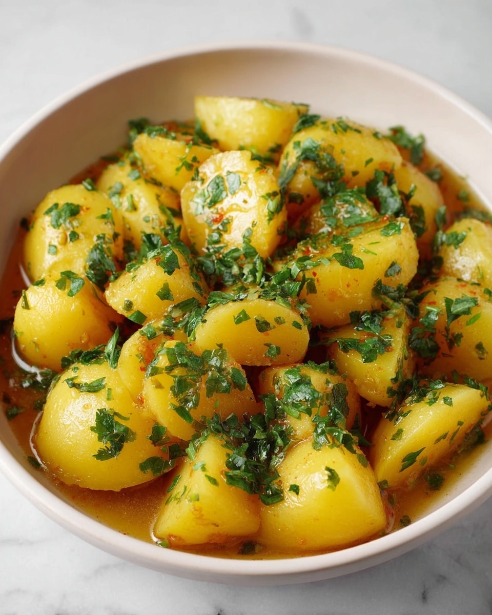 A close-up of a white bowl filled with golden yellow potato chunks cooked in a light brown sauce. The potatoes have a slightly glossy texture, showing softness and some browning on the edges. Bright green chopped herbs are sprinkled generously on top and scattered over the potatoes, adding fresh color contrast. The bowl sits on a white marbled surface. Photo taken with an iphone --ar 4:5 --v 7