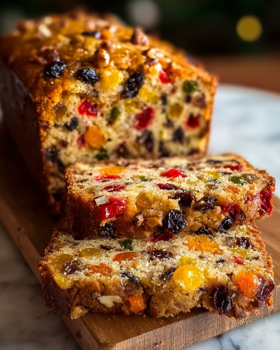 The image shows a loaf of fruitcake resting on a wooden board placed on a white marbled surface. The fruitcake has a golden-brown crust with a slightly rough texture and is filled with colorful layers of dried fruits like red cherries, yellow raisins, and dark raisins, along with pieces of nuts visible on the top and throughout the cake. One thick slice is cut and placed in front of the loaf, showing a dense inside with a mix of colorful fruit pieces evenly spread in a beige, moist bread base. The top surface of the cake has some chopped nuts and glazed fruits, giving it a shiny look. Photo taken with an iphone --ar 4:5 --v 7