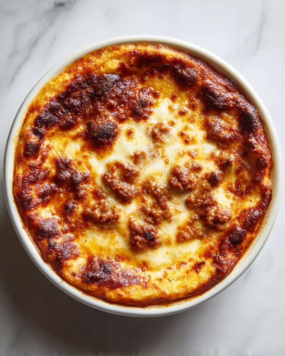 A baked dish in a white round ceramic dish features a thick, golden-brown top layer of melted cheese with crispy, dark brown spots scattered unevenly across the surface. Below the cheese layer, visible patches of rich, reddish-brown meat sauce peek through, giving texture and depth. The edges are slightly puffed and browned, with the texture looking bubbly and soft inside. The dish rests on a white marbled surface. photo taken with an iphone --ar 4:5 --v 7