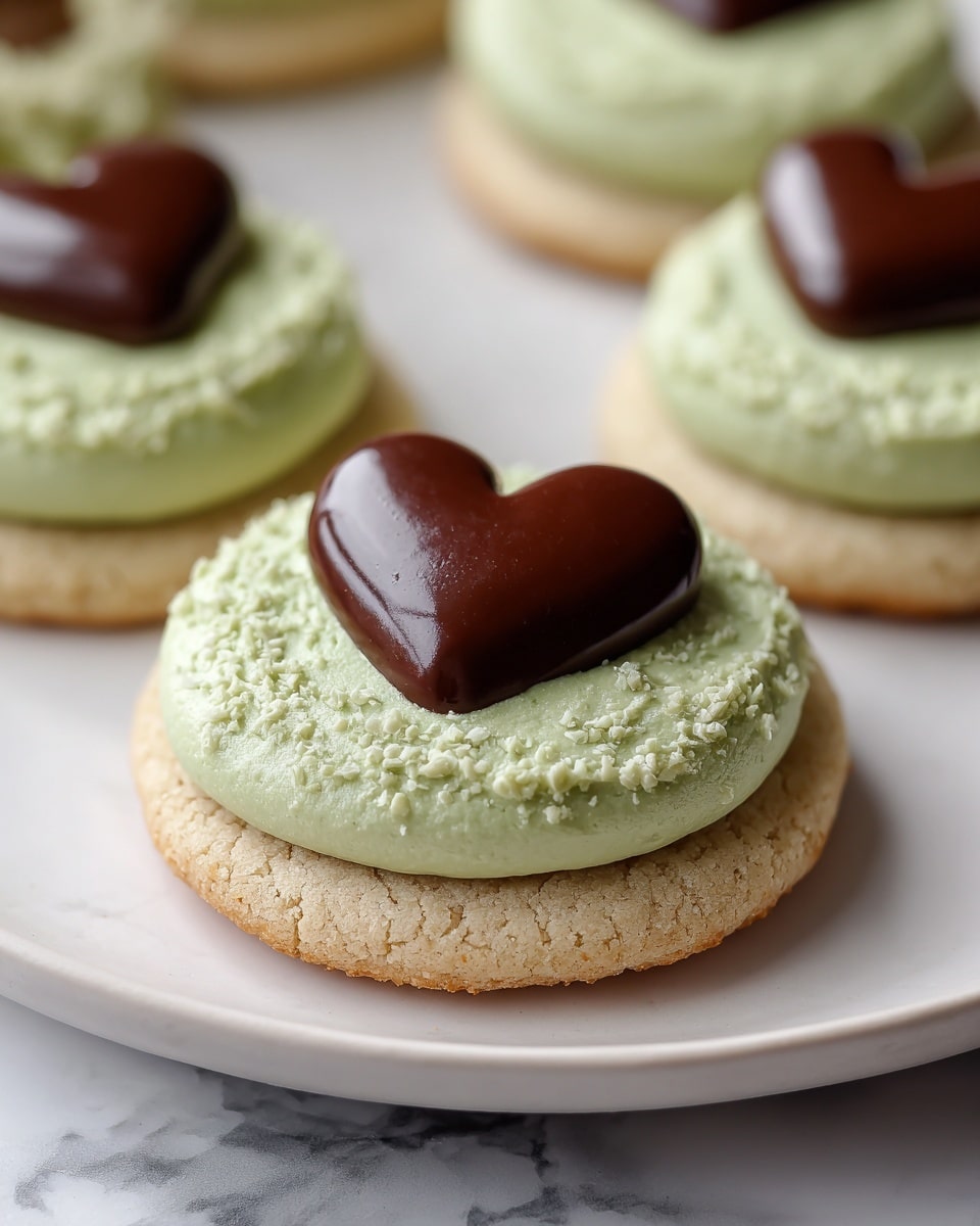 A soft round cookie with a pale beige cracked base layer topped with a thick layer of light green frosting that has a grainy texture, crowned with a small, smooth, shiny heart-shaped chocolate piece in dark brown placed in the center, all served on a white plate set on a white marbled surface with more cookies blurred in the background. photo taken with an iphone --ar 4:5 --v 7