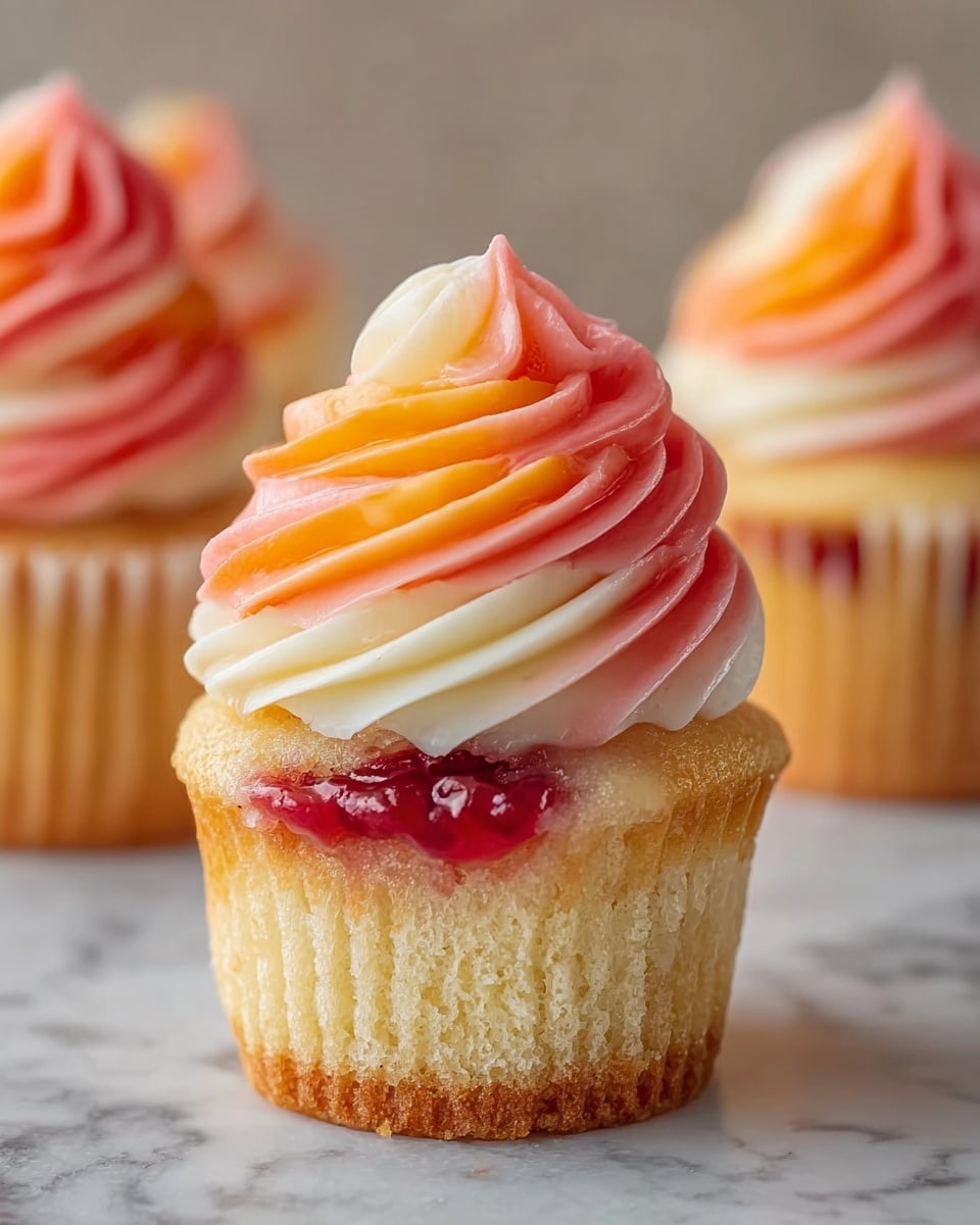 The image shows a close-up of a cupcake with three visible layers. The bottom layer is a light golden cake with a texture that looks soft and moist. Above the cake, there is a thin layer of red jelly or jam embedded near the top edge. The cupcake is topped with a swirl of creamy frosting that has three colors: white at the base, fading into a light orange, and finishing with a deeper pinkish-orange at the top. The frosting is smooth and looks fluffy, with defined ridges making a spiral shape. Around the cupcake in soft focus, there are two more cupcakes with the same design. The cupcakes rest on a white marbled surface. photo taken with an iphone --ar 4:5 --v 7