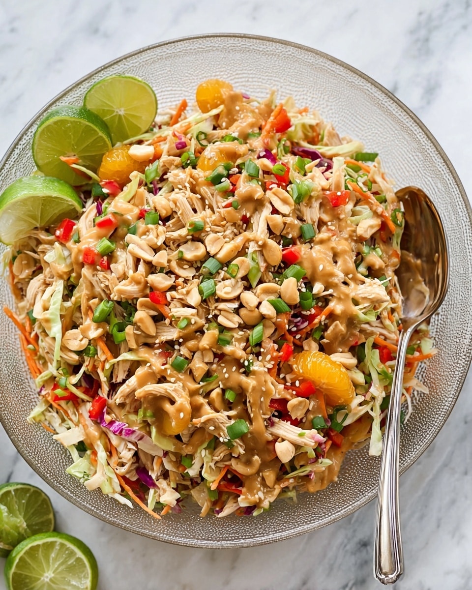 A clear textured bowl filled with a colorful salad composed of shredded light brown chicken, thin off-white cabbage strips, thin orange carrot strands, small diced red bell pepper, chopped green onions, and bright orange mandarin slices. Scattered throughout are crunchy peanuts and sesame seeds, all drizzled with a smooth light brown dressing. Two lime wedges rest on the top left edge of the bowl, and a silver spoon is inserted on the right side. The bowl sits on a white marbled surface. Photo taken with an iphone --ar 4:5 --v 7