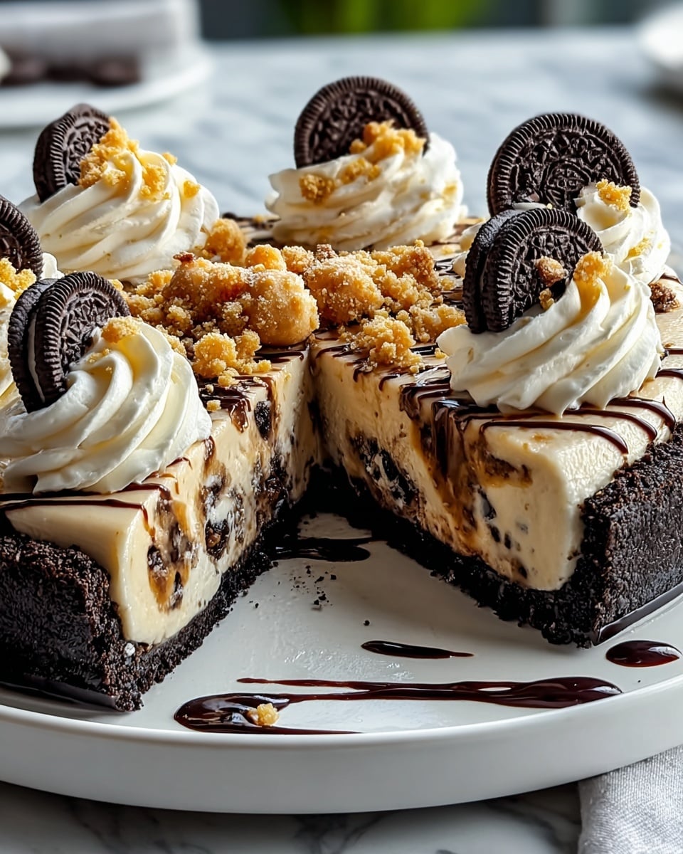 A dessert pie with two clear layers on a white plate sits on a white marbled surface; the bottom layer is dark, rich chocolate with a slightly crumbly texture, while the top layer is creamy and light beige with visible specks of cookies mixed inside. The pie is sliced, with one slice slightly pulled out showing the thick layers. Each slice is topped with a swirl of white cream and a small whole black cookie standing on the cream. There are thin drizzles of dark chocolate sauce over the pie and a sprinkle of crushed golden cookie crumbs on top. Photo taken with an iphone --ar 4:5 --v 7