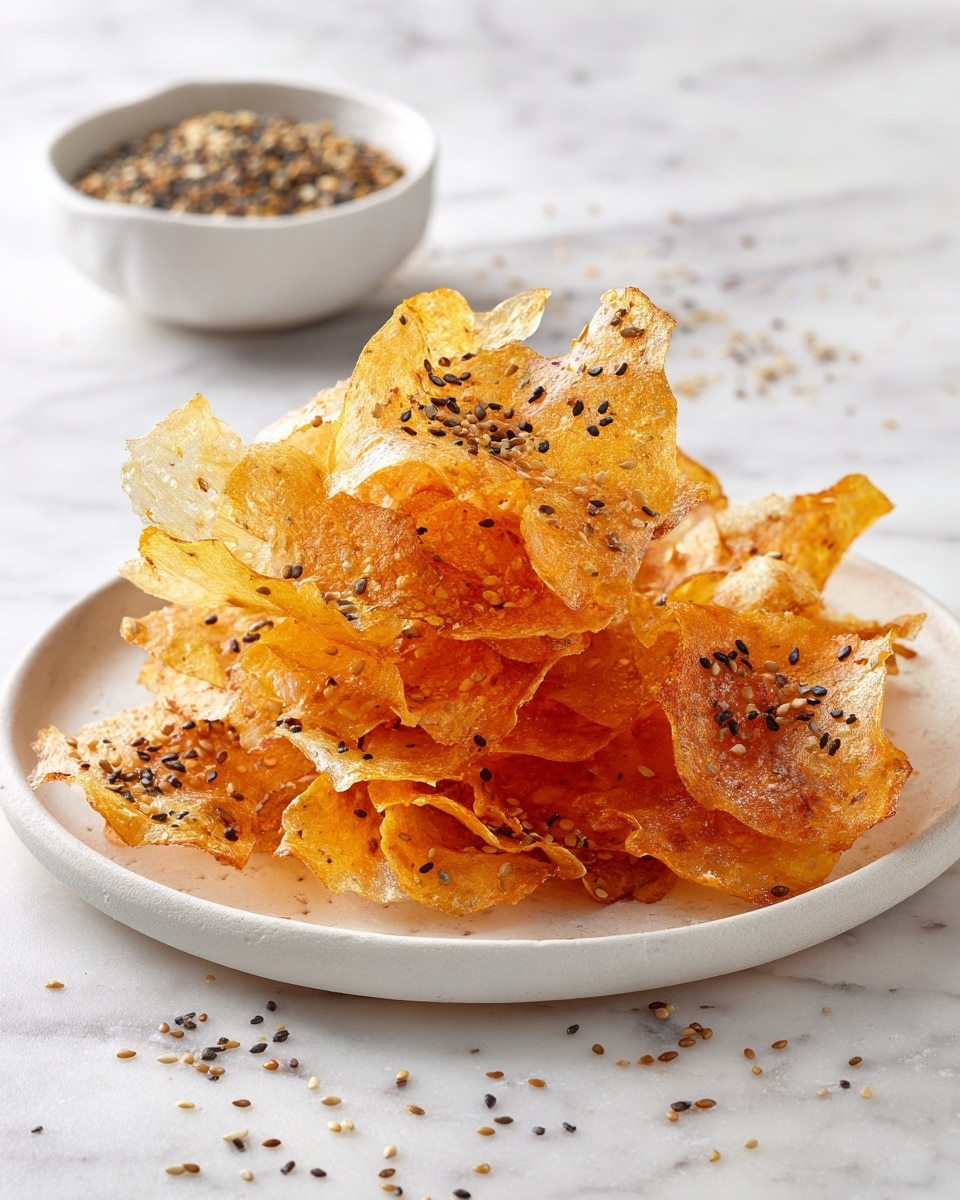 A small white plate holds a pile of thin, crispy chips that are golden brown and lightly translucent, with a delicate, bubbly texture and rough edges. Each chip is sprinkled unevenly with a mix of small seeds in shades of green, beige, and black. The plate sits on a white marbled surface scattered with more seed mix. In the background, there is a shallow white bowl also filled with the same seed mixture, slightly out of focus. The light highlights the chips’ shiny surface and crunchy texture. photo taken with an iphone --ar 4:5 --v 7