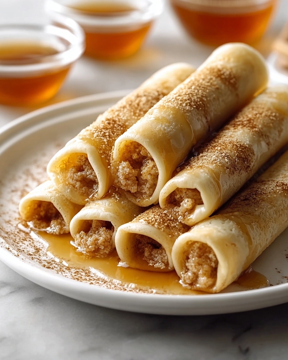 A white plate holds a stack of eight rolled pastries, arranged in a pyramid shape with five on the bottom, two in the middle, and one on top. Each pastry roll has a light golden-brown color with a soft, slightly translucent texture, showing layers of thin dough tightly wrapped around a brown filling that appears crumbly and moist. The rolls are sprinkled generously with a grainy topping and drizzled with a glossy syrup that pools slightly on the plate, adding a shiny, sticky look. The background is a soft focus of a white bowl and another dish on a white marbled surface, giving the scene a warm and inviting feel. photo taken with an iphone --ar 4:5 --v 7