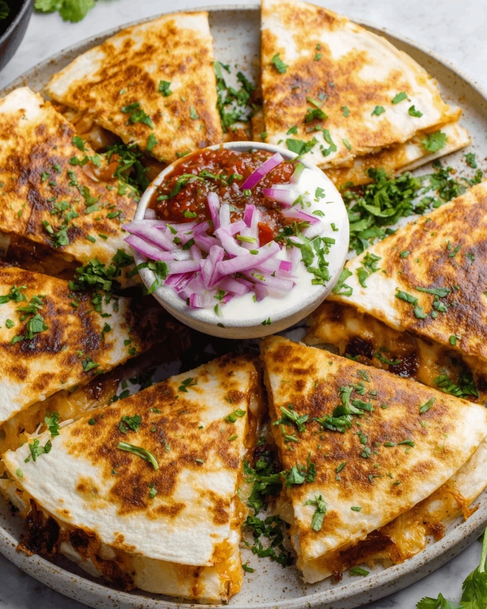A white plate on a white marbled surface holds a round quesadilla cut into eight triangular slices arranged in a circle. Each slice has a crispy golden brown outer layer with some darker toasted spots and visible melted cheese oozing from the edges. The top is garnished with finely chopped green herbs, scattered across the quesadilla. In the center, there is a small white bowl of creamy white dipping sauce, topped with a spoonful of red salsa and sliced red onions mixed with fresh green cilantro. The overall look is warm, crunchy, and fresh. Photo taken with an iphone --ar 4:5 --v 7