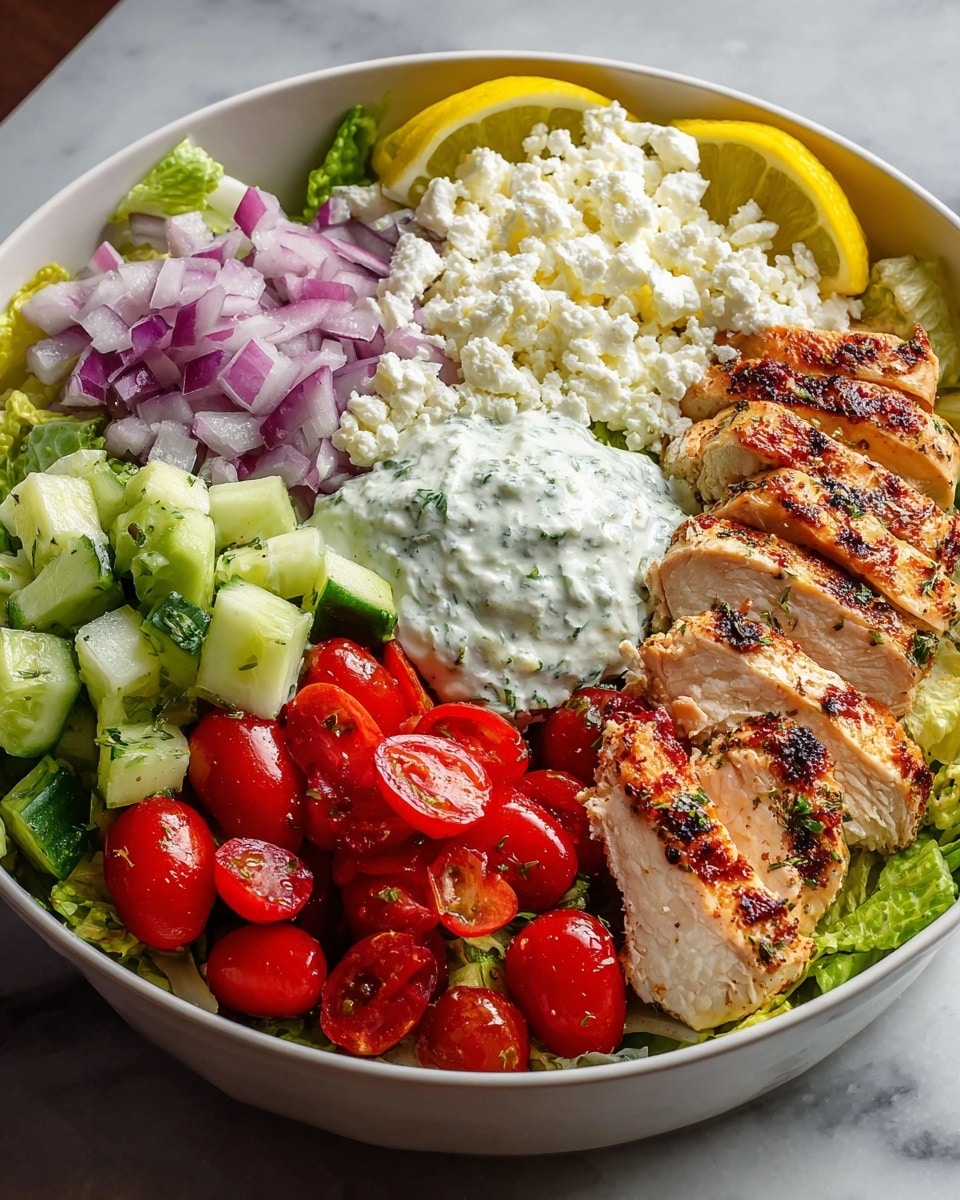 A white bowl holds a colorful layered salad arranged in separate sections on a bed of green lettuce. Starting from the top right, there are thick slices of grilled chicken with a golden-brown, slightly charred surface, next to a bright yellow lemon wedge. Moving clockwise, crumbled white cheese rests beside chopped purple-red onion pieces. In the center, a dollop of creamy white sauce with green herb bits adds texture. On the left side, bright red halved cherry tomatoes glisten, and next to them are chunky green cucumber pieces. The bowl sits on a white marbled surface. photo taken with an iphone --ar 4:5 --v 7