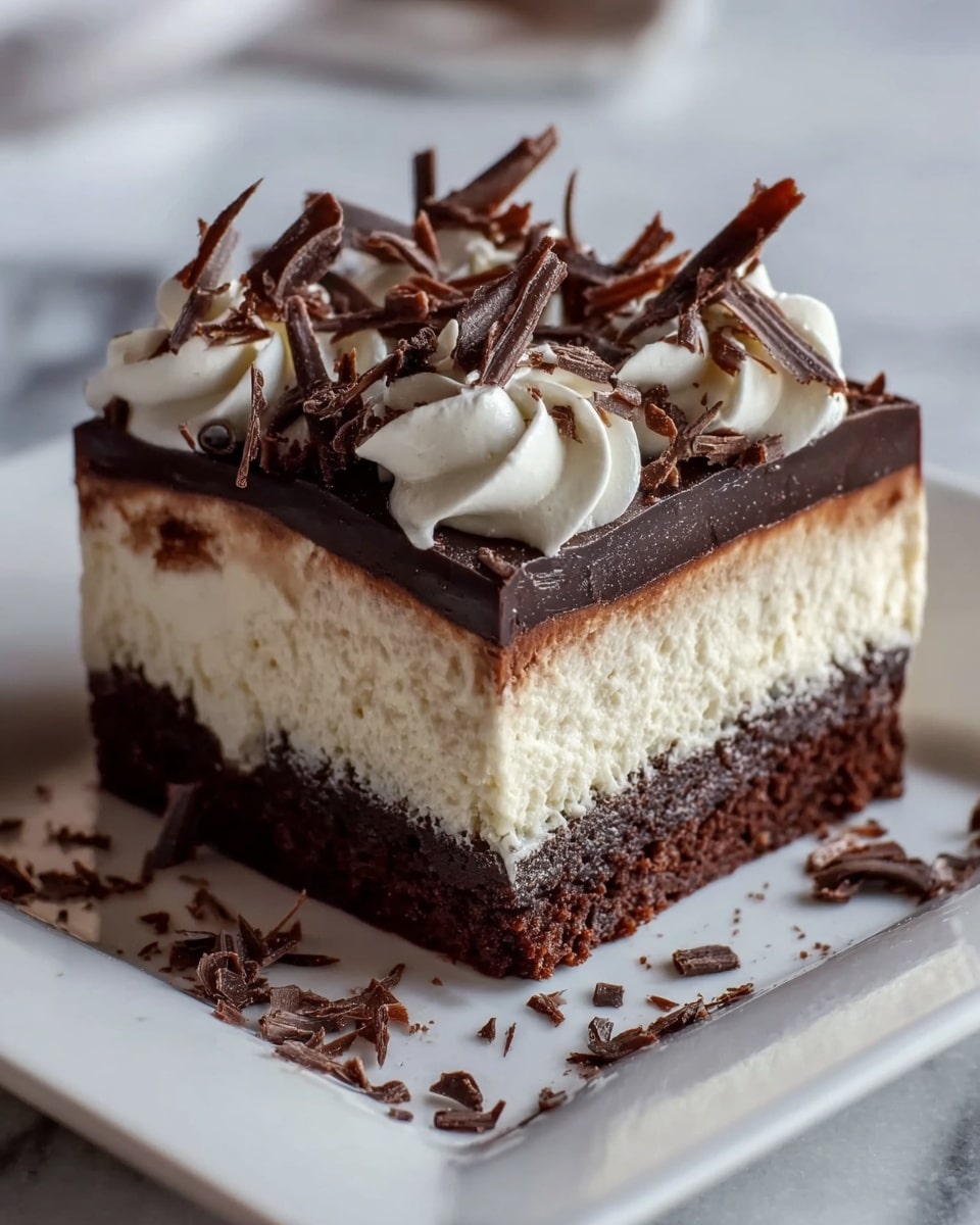A square slice of dessert with three visible layers sits on a white square plate against a white marbled texture. The bottom layer is thick and dark brown with a moist, cake-like texture. The middle layer is thick, creamy, and off-white, smooth and airy. The top layer is a thinner, glossy dark chocolate ganache. On top, there are decorative swirls of white cream and a scattering of thin, dark chocolate curls, some also sprinkled around the plate. Photo taken with an iphone --ar 4:5 --v 7