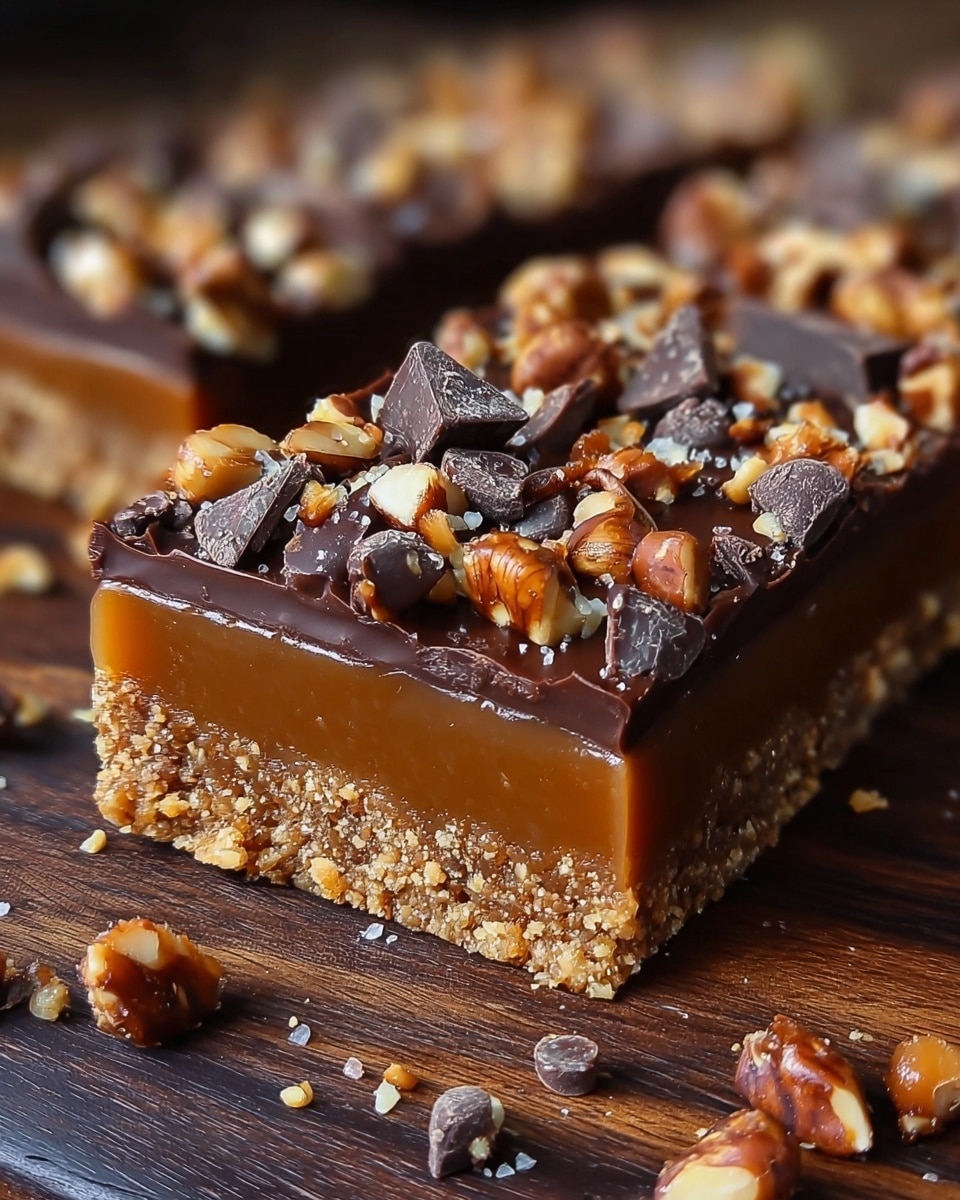 The image shows a close-up of a rectangular dessert bar with three visible layers on a dark wooden surface. The bottom layer is crumbly and light brown, resembling a biscuit or graham cracker crust. The middle layer is thick, smooth, and shiny caramel with a rich golden brown color. The top layer is glossy, dark chocolate, scattered with chopped nuts and chunks of chocolate pieces, adding texture and contrast. The dessert looks dense and sticky, with some nuts and chocolate pieces spilling over the sides. Photo taken with an iphone --ar 4:5 --v 7