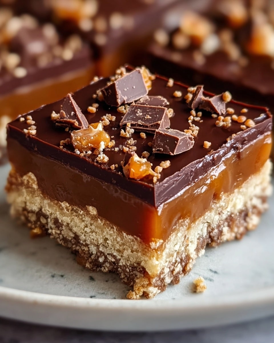 A close-up view of a square dessert bar with three visible layers on a white plate over a white marbled texture. The bottom layer is a crumbly, light brown crust mixed with small crunch pieces. The middle layer is a thick, smooth caramel with a glossy texture in rich golden brown. The top layer is a shiny, dark chocolate glaze that is smooth and firm, garnished with scattered pieces of dark chocolate chunks and small caramel bits. The edges show a clean slice, highlighting each layer clearly. Photo taken with an iphone --ar 4:5 --v 7