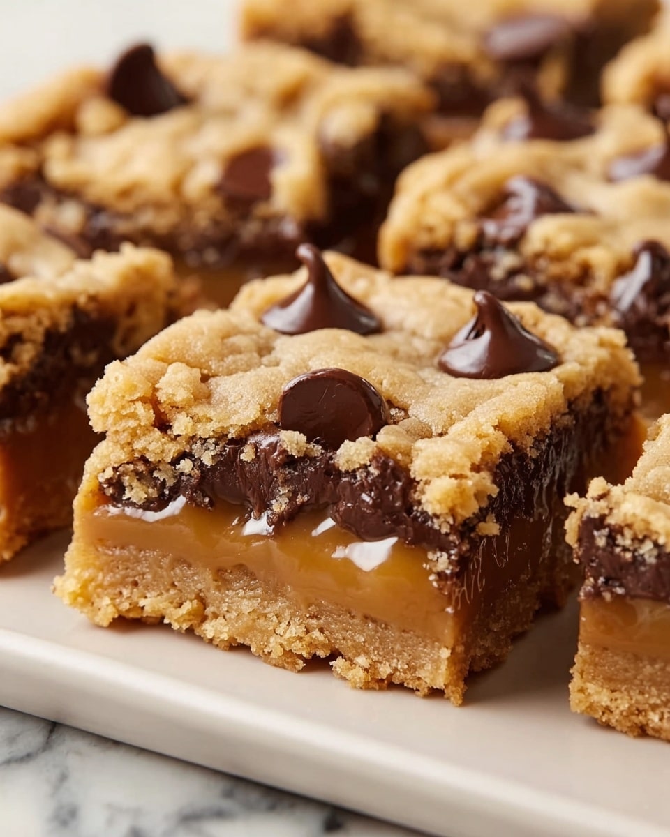 The image shows close-up pieces of gooey chocolate chip cookie bars arranged on a white tray placed over a white marbled texture. Each bar has two thick layers: a golden-brown cookie dough layer on top and at the bottom, with a light brown caramel layer in the middle that looks soft and sticky. The top cookie dough layer is rough and crumbly with shiny, dark chocolate chips embedded into it. The bars are cut into square shapes, and the caramel slightly oozes out from between the layers. Photo taken with an iphone --ar 4:5 --v 7