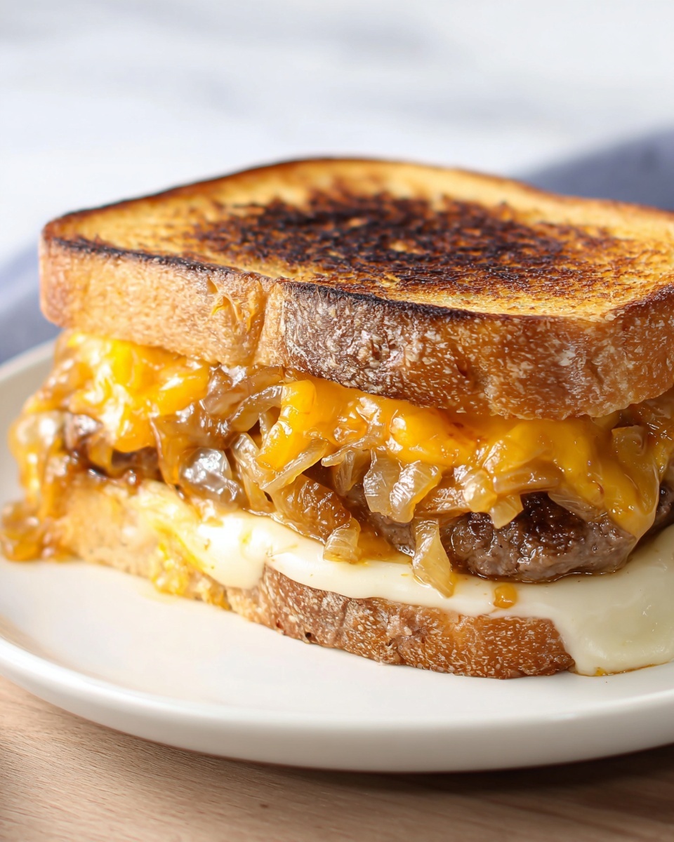 The image shows a sandwich on a white plate with a white marbled background. The sandwich has three visible layers of filling between two slices of toasted bread that are golden brown with some darker, almost burnt spots on top. The bottom layer inside the sandwich is a smooth, light-colored melted cheese that drapes over the edges. Above that is a cooked, browned burger patty with juicy, slightly textured surface. On top of the patty, there is a layer of caramelized onions, golden and translucent. The top filling layer is a melted, gooey bright orange cheese that looks soft and stringy near the edges. The sandwich is pressed slightly to hold the layers together snugly. photo taken with an iphone --ar 4:5 --v 7