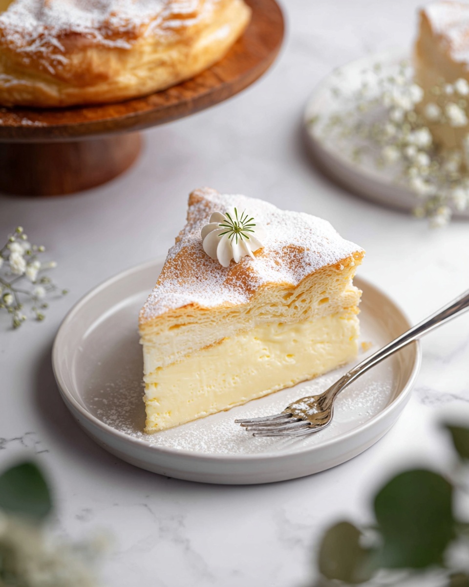 A single slice of creamy custard cake with two layers sits on a white plate; the top layer is a golden-brown puff pastry dusted with powdered sugar and decorated with a small white flower, while the bottom layer is thick and pale yellow custard with a smooth texture. A silver fork rests diagonally on the plate. The plate is placed on another larger white plate on a white marbled surface with soft green leaves and blurred white flowers in the foreground. In the background, part of the whole cake on a wooden stand is visible, also dusted with powdered sugar. Photo taken with an iphone --ar 4:5 --v 7