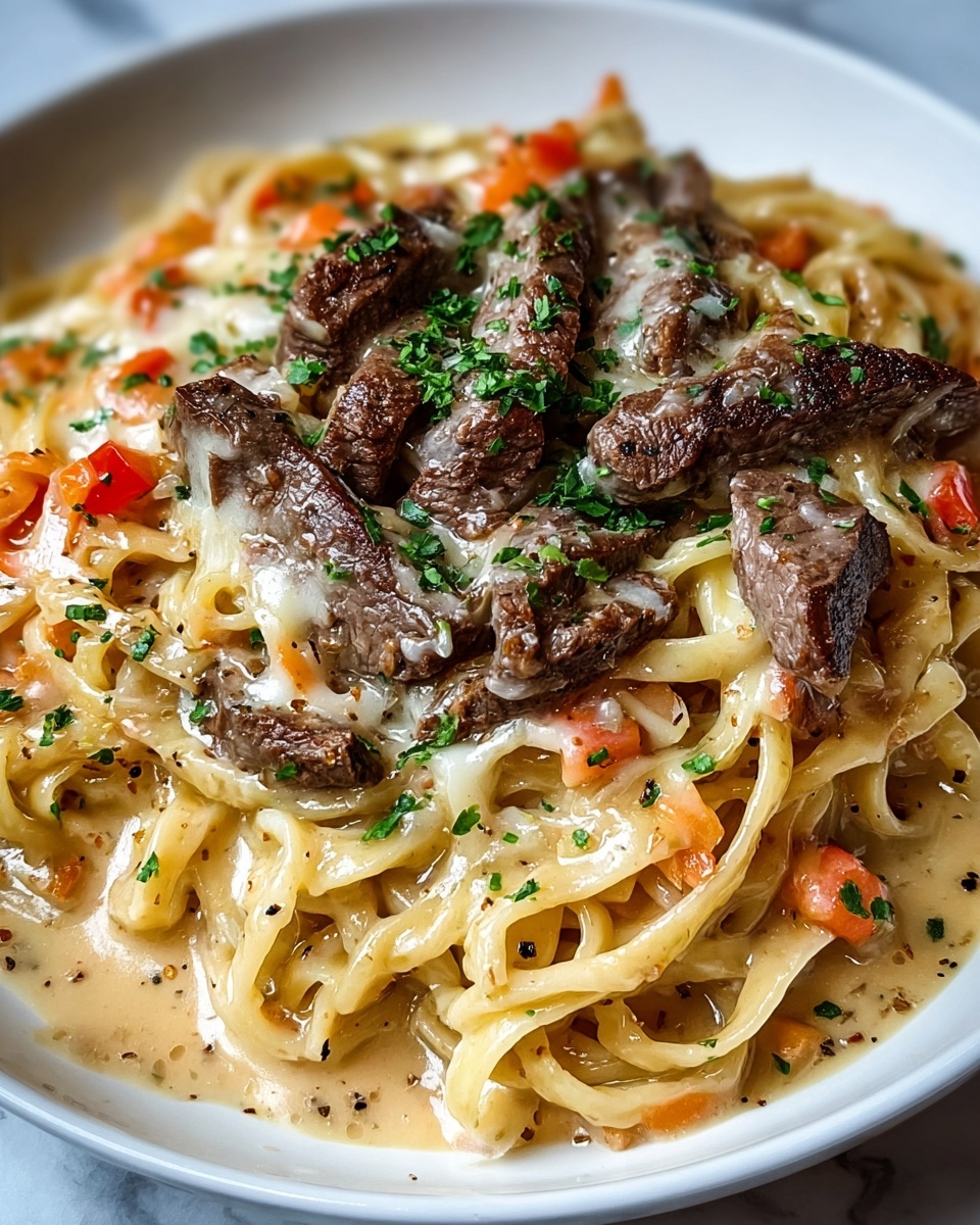 A white plate filled with creamy pasta at the bottom layer, with wide noodles coated in a light beige sauce mixed with small orange and red vegetable pieces. On top, there are slices of browned steak layered all over the pasta, covered with melted cheese that appears smooth and slightly shiny, dotted with black pepper and green chopped herbs. The colors are warm and rich, with the beef's browned texture contrasting the creaminess of the sauce and cheese, all placed on a white marbled surface. photo taken with an iphone --ar 4:5 --v 7