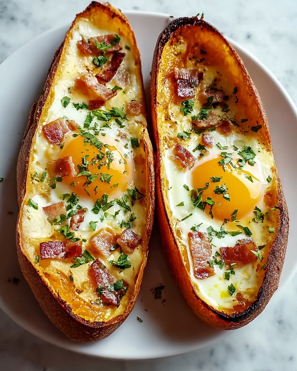 Two oval-shaped boats of toasted bread sit side by side on a white plate over a white marbled surface. Each bread boat is filled with a base layer of melted cheese, topped with two cooked eggs with bright yellow yolks and white edges cooked firm. Small pieces of crispy brown bacon are scattered on top with a sprinkle of chopped green herbs. The bread crust is a deep golden brown with some darker toasted spots along the edges, contrasting the smooth, creamy fillings inside. Photo taken with an iphone --ar 4:5 --v 7