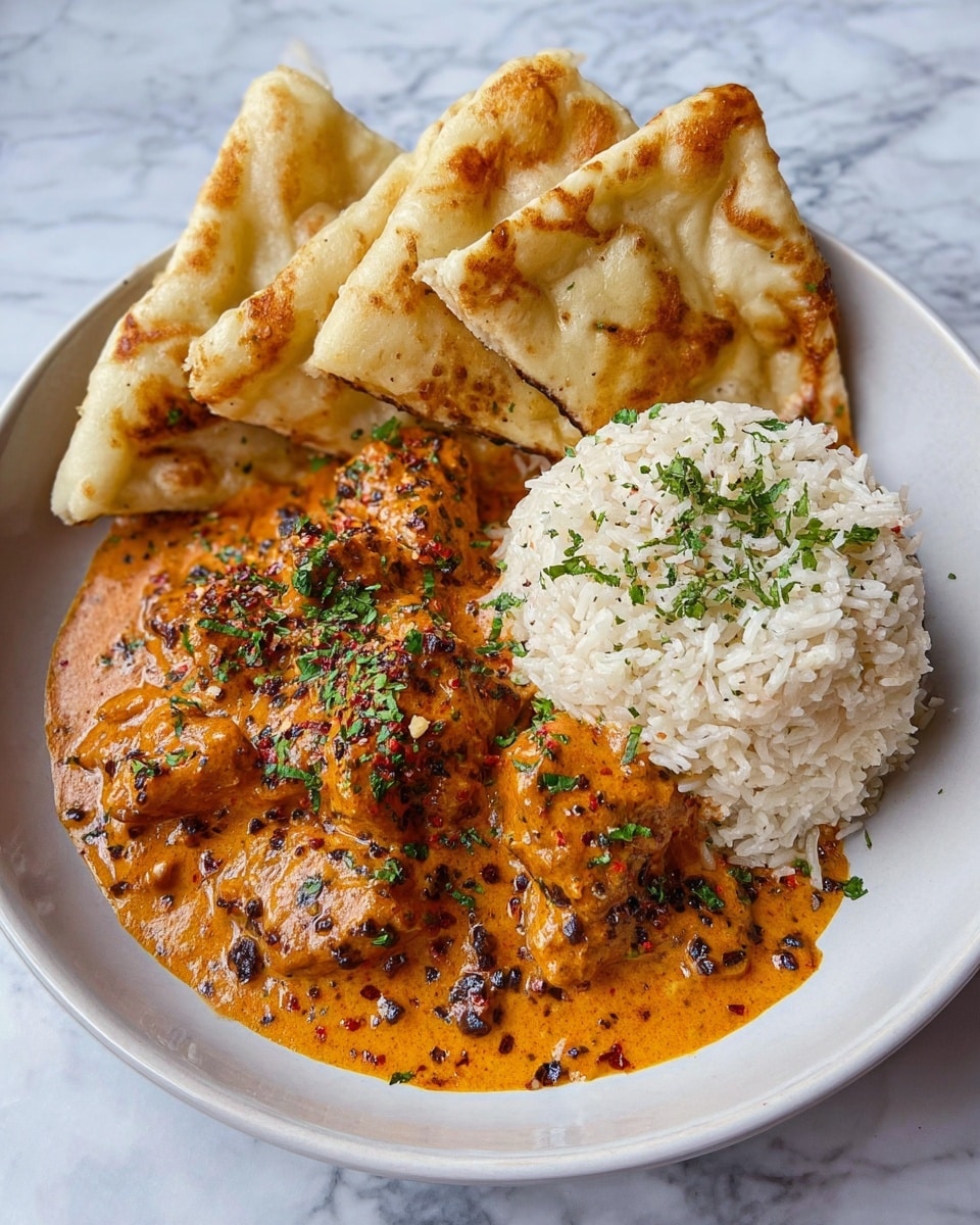 A top view of a blue pot filled with one thick layer of creamy orange sauce with visible small chunks of cooked chicken and scattered green herbs and black pepper on top, placed on a white marbled surface. The sauce has a smooth and rich texture with some small lumps and a slight shine, filling the pot evenly. Photo taken with an iphone --ar 4:5 --v 7