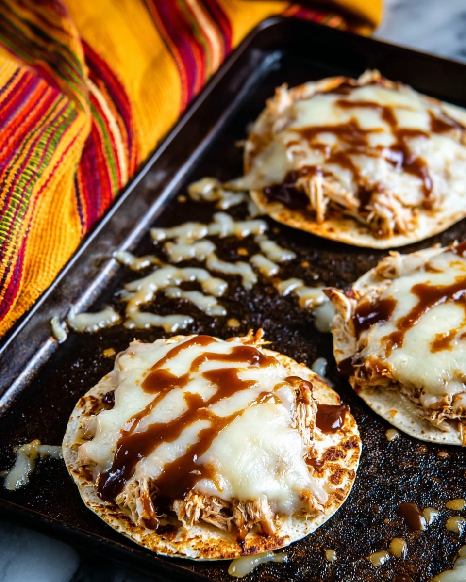 The image shows three small round tortillas, each layered with shredded chicken topped with melted white cheese and drizzled with a dark brown sauce, placed on a dark baking tray. The cheese has melted and spread slightly beyond the edges of the tortillas, creating crispy golden brown patches on the tray. In the background, a colorful striped cloth with bright yellow, orange, and red stripes adds contrast. The whole scene is set against a white marbled texture. photo taken with an iphone --ar 4:5 --v 7