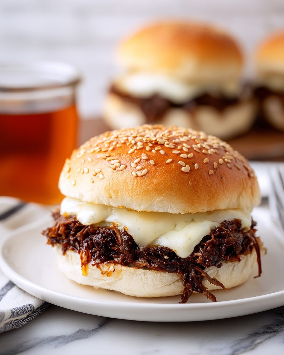 A sesame seed bun is filled with shredded brown meat and topped with melted white cheese, held above a clear glass bowl filled with thick, brown broth, as the sandwich is being dipped into the bowl. The sandwich has visible textures of soft bread, tender meat strands, and smooth cheese, and some sauce drips down the side. The background shows blurred sandwiches on a white marbled surface. Photo taken with an iphone --ar 4:5 --v 7