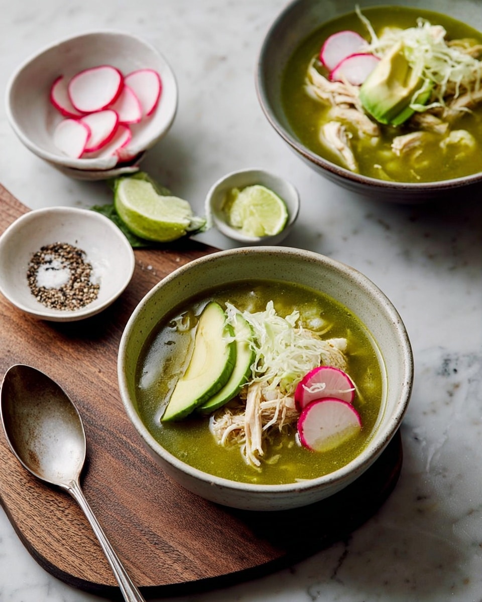 The image shows two bowls of green soup placed on a white marbled surface. Each bowl contains shredded chicken layers resting in a thick green broth. On top, there are thinly sliced radishes with pink edges, light green shredded cabbage, and a fanned-out slice of avocado with a creamy texture. One bowl is on a wooden board with a small side dish of coarse black pepper and salt. In the background, two small white bowls contain thin radish slices and lime wedges. A silver spoon lies in front of the wooden board. The overall setting is neat and invites a fresh, healthy meal. photo taken with an iphone --ar 4:5 --v 7