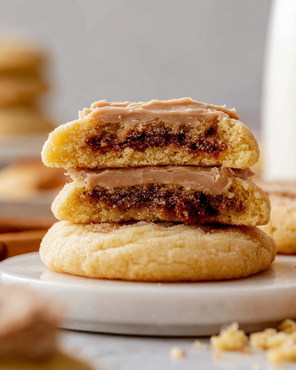 A close-up image of a soft cookie stack on a white marbled surface, showing two cookies layered. The bottom cookie is thick and golden with a slightly cracked texture. On top of it is a second cookie cut in half horizontally, displaying a dark brown cinnamon filling inside the golden soft dough. Both cookies have a thin, smooth layer of light brown frosting spread on top, visible above and beneath the cut cookie. Crumbs are scattered around the cookies. The background is softly blurred with neutral tones, featuring a white plate and a blurred glass of milk. Photo taken with an iphone --ar 4:5 --v 7