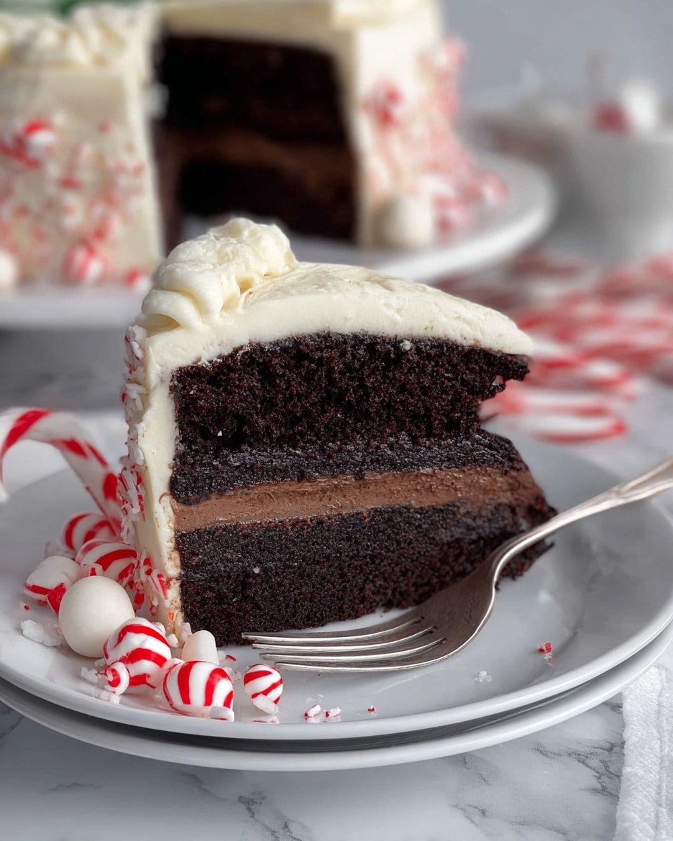 A slice of three-layer dark chocolate cake sits on a white plate with a silver fork. The cake has two thick, dark chocolate layers separated by a smooth, rich chocolate filling, and it is topped with a thick layer of creamy white frosting. Around the cake slice on the plate are red and white striped candy canes and round peppermint candies. The background shows the full cake with similar layers and frosting on a white marbled surface. Photo taken with an iphone --ar 4:5 --v 7