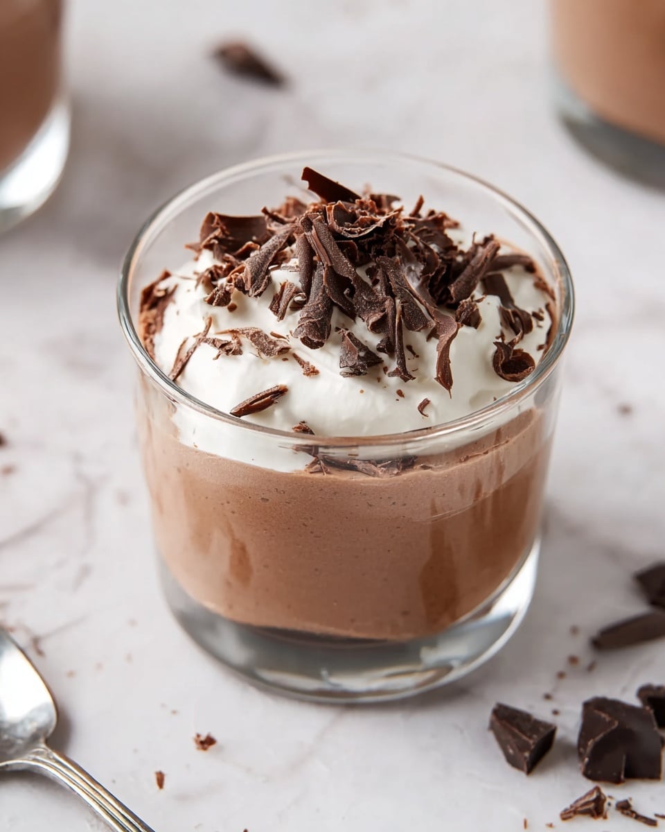 A clear glass cup holds a dessert with two layers: the bottom layer is smooth and light brown chocolate mousse, and the top layer is white whipped cream sitting slightly raised above the mousse. On top of the whipped cream, there are many dark brown thin chocolate curls and shavings scattered, some falling slightly onto the mousse layer. The glass sits on a white marbled surface with small chocolate pieces scattered around. A silver spoon lies nearby. Photo taken with an iphone --ar 4:5 --v 7