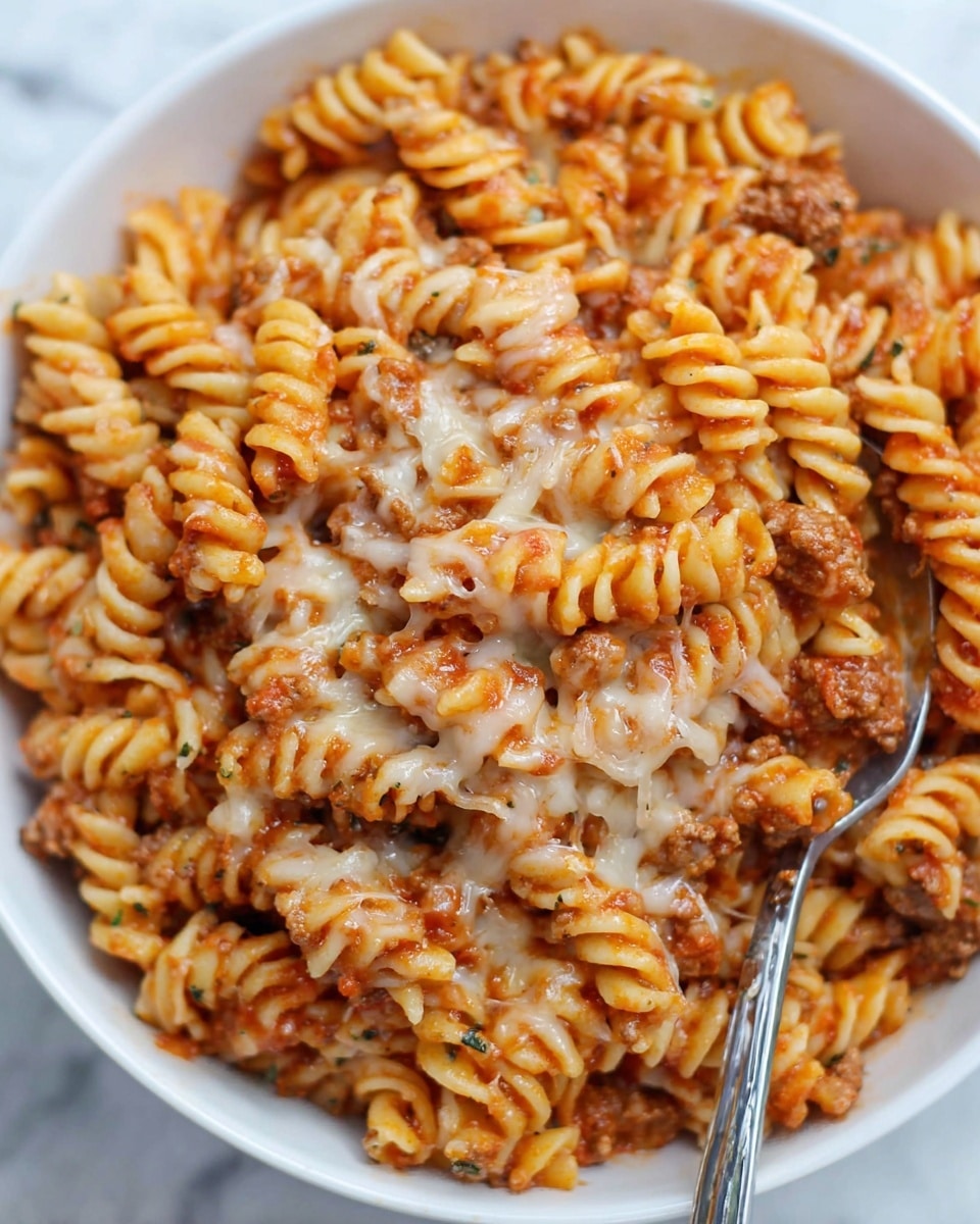 A close-up shows a wooden spoon lifting a serving of rotini pasta mixed with ground meat and melted cheese from a white pot. The pasta is coated in a red tomato sauce, and the cheese is stringy and gooey, stretching from the spoon down to the pot. The pasta spirals are a soft orange-red color from the sauce, while the meat pieces are brown and textured, sitting evenly scattered throughout. The background is a white marbled surface. photo taken with an iphone --ar 4:5 --v 7