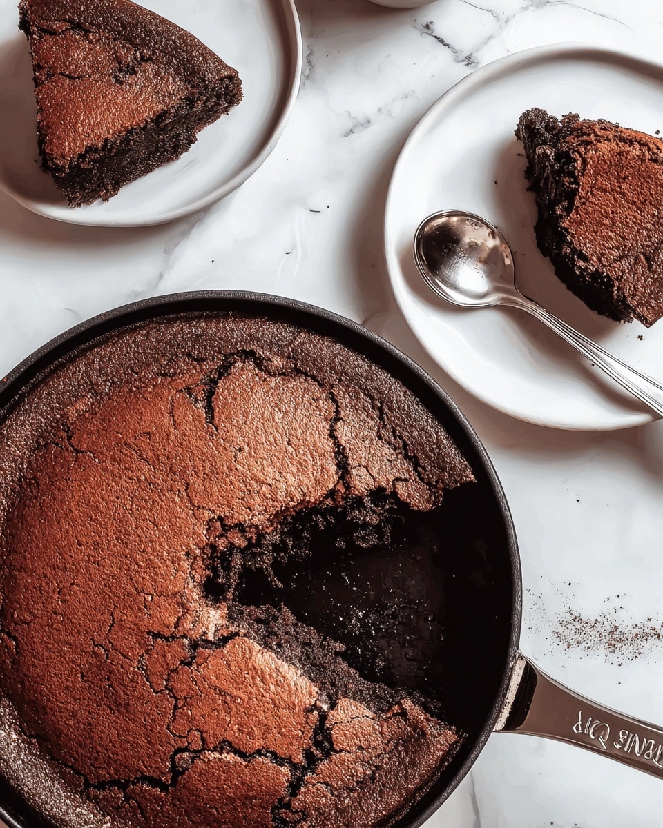 A round chocolate cake with a rich, dark brown cracked top sits in a black pan with a metal handle engraved with letters. One slice is missing from the cake, revealing a moist and dense inside. Next to the pan are two white plates on a white marbled surface; one plate has a square piece of the same chocolate cake with a shiny spoon beside it, and the other has a round slice of the cake showing its cracked top and dense texture. The lighting is soft and natural. photo taken with an iphone --ar 4:5 --v 7