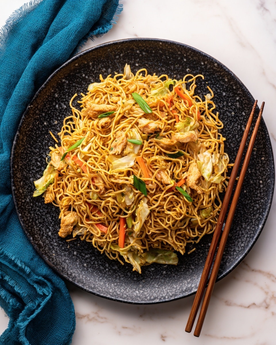 A black speckled round plate holds a single layer of thin, crispy-looking fried noodles in a golden brown color. Mixed throughout are small pieces of light brown cooked chicken, with a slightly crispy surface. Scattered among the noodles are bright green strips of scallions, thin orange carrot slices, and pale yellowish-white cabbage pieces, providing a fresh vegetable contrast. The plate sits on a white marbled surface. A pair of brown wooden chopsticks rest on the right side of the plate, and a blue cloth napkin is folded near the bottom left edge of the image. Photo taken with an iphone --ar 4:5 --v 7