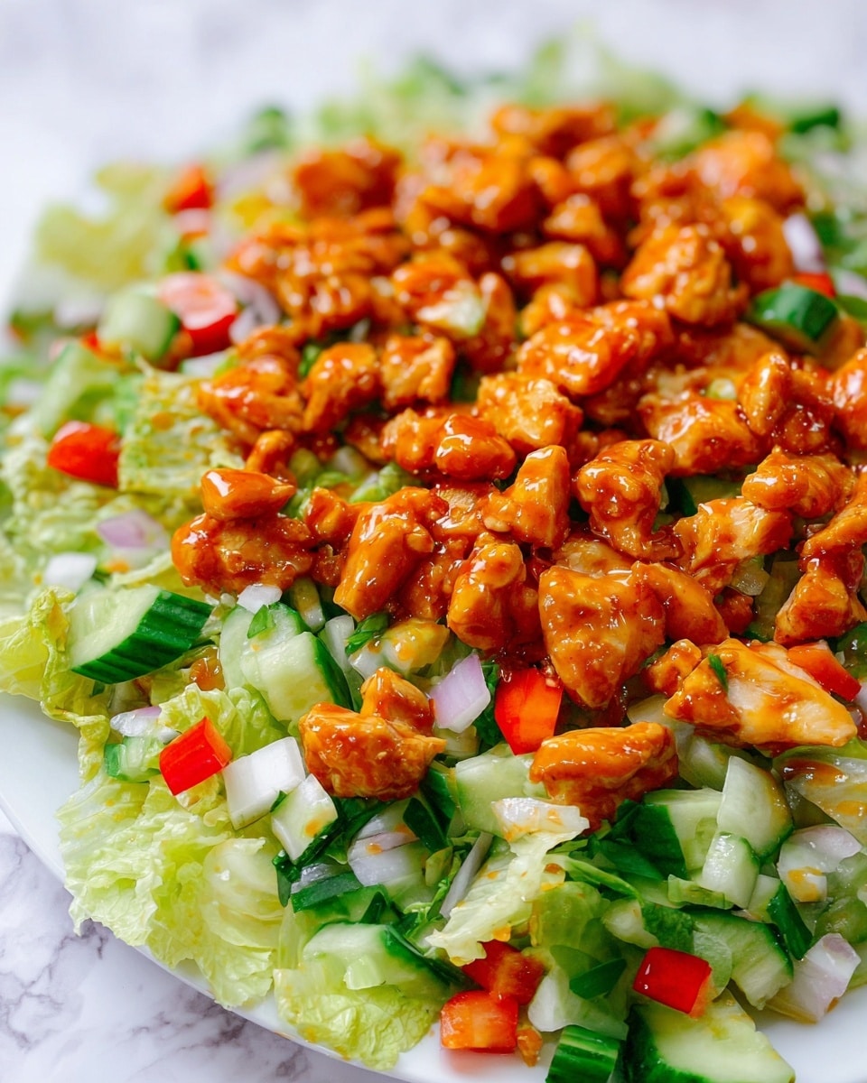 The image shows a fresh salad with three main layers. The bottom layer is made of light green lettuce leaves, spread evenly as the base. On top, there is a mix of small chopped vegetables: red bell peppers, white onions, and green cucumbers, creating a colorful middle layer. The top layer consists of small pieces of cooked chicken coated in a glossy orange sauce, scattered all over the salad. The dish is placed on a white plate set on a white marbled surface. photo taken with an iphone --ar 4:5 --v 7