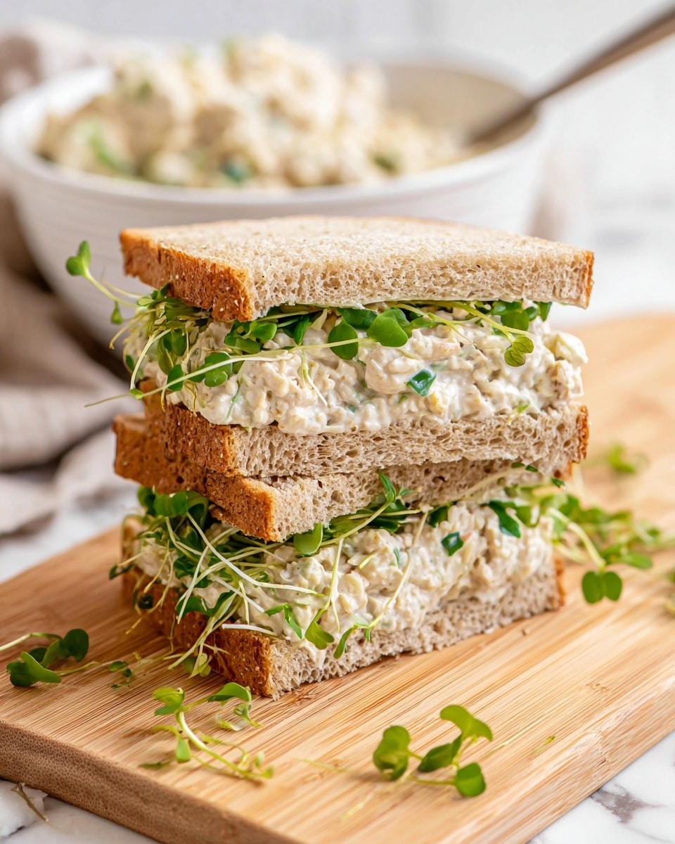 A sandwich cut in half and stacked shows two layers of thick, creamy chicken salad mixed with green herbs and small pieces of chicken, nestled between three slices of light brown whole grain bread with a slightly rough texture. Bright green sprigs of fresh leafy microgreens peek out from both the top and middle layers, adding a fresh, lively contrast. The sandwich sits on a light wooden cutting board with a natural grain pattern, scattered with a few loose microgreens. In the blurred background, a white bowl filled with more chicken salad and a metal spoon is visible, all set on a white marbled surface. photo taken with an iphone --ar 4:5 --v 7