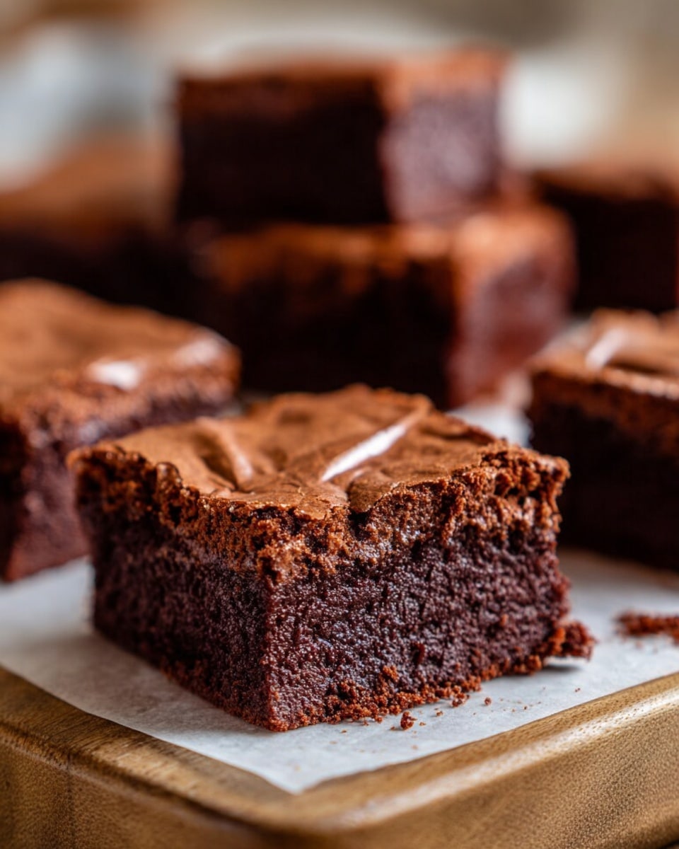 The image shows several chocolate brownies cut into squares, arranged on white parchment paper over a wooden board. Each brownie has two layers: a darker, dense bottom layer with a fudgy texture and a lighter, slightly cracked top layer with a thin, shiny crust. One brownie is leaning on its side in the front, clearly showing the difference in texture between the smooth top and the moist bottom. The background is softly blurred, focusing on the brownies' rich brown color and texture. Photo taken with an iphone --ar 4:5 --v 7