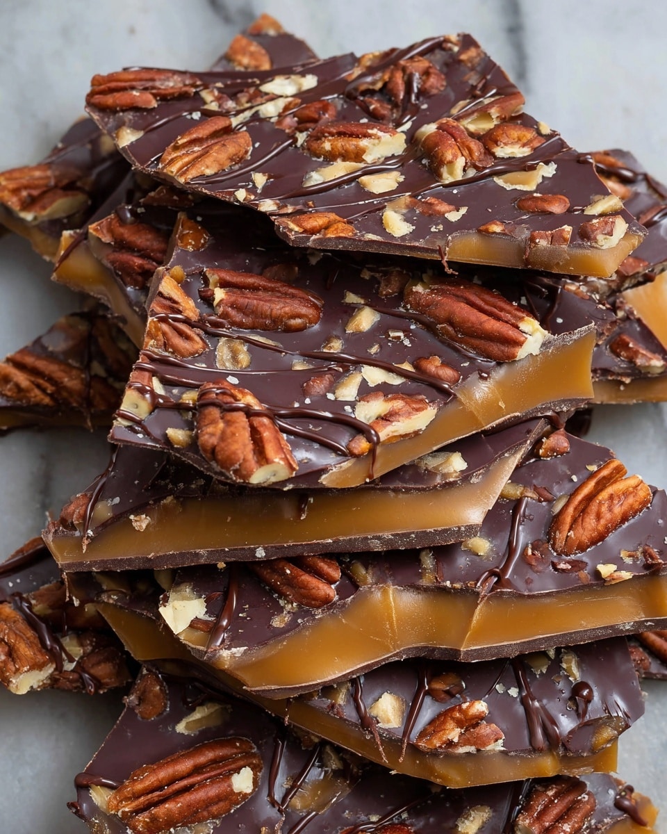 This image shows multiple irregular-shaped pieces of chocolate bark stacked closely on a white marbled surface. Each piece has three visible layers: a dark brown chocolate base, a smooth caramel layer with a rich golden color, and a top layer decorated with whole and chopped pecans. The top is also drizzled with thin streams of dark chocolate, creating a textured, glossy finish. The bark pieces have rough edges and look thick with a crunchy and gooey texture mix. Photo taken with an iphone --ar 4:5 --v 7