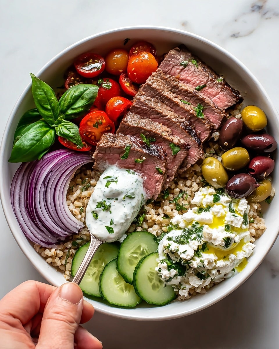 A white bowl filled with a layered meal, starting with a base of light brown cooked grains. On top of this, there are five medium slices of pink-centered grilled steak arranged in the middle. To the left side, thin rings of purple-red onion are placed next to the steak. At the top left, fresh green basil leaves sit beside small red cherry tomatoes, some cut in halves showing their juicy inside. Above the steak, there are shiny green and dark brown olives mixed together. To the right, a dollop of creamy white yogurt sauce with green herb bits and a drizzle of olive oil rests next to several fresh cucumber slices arranged in a neat row. Some crumbled white cheese with green herbs is scattered near the cucumbers. A woman’s hand holding a spoon is dipping into the yogurt sauce. The whole bowl is set against a white marbled surface. photo taken with an iphone --ar 4:5 --v 7