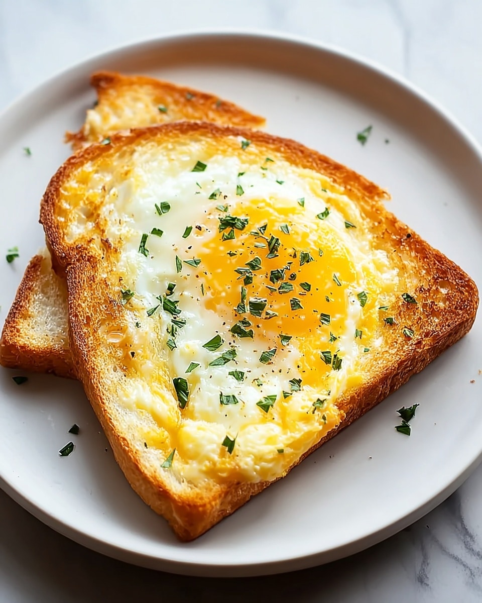 A single slice of toasted bread is on a white plate, cut into a heart shape. The bottom layer is the golden-brown toasted bread with a slightly rough, crunchy texture. On top, there is a cooked egg with a bright yellow yolk that is partially set, and the white part of the egg blends with the toast, showing soft and slightly browned patches. Small sprinkles of green parsley are spread over the toast and egg, adding color contrast. The plate rests on a white marbled surface. photo taken with an iphone --ar 4:5 --v 7