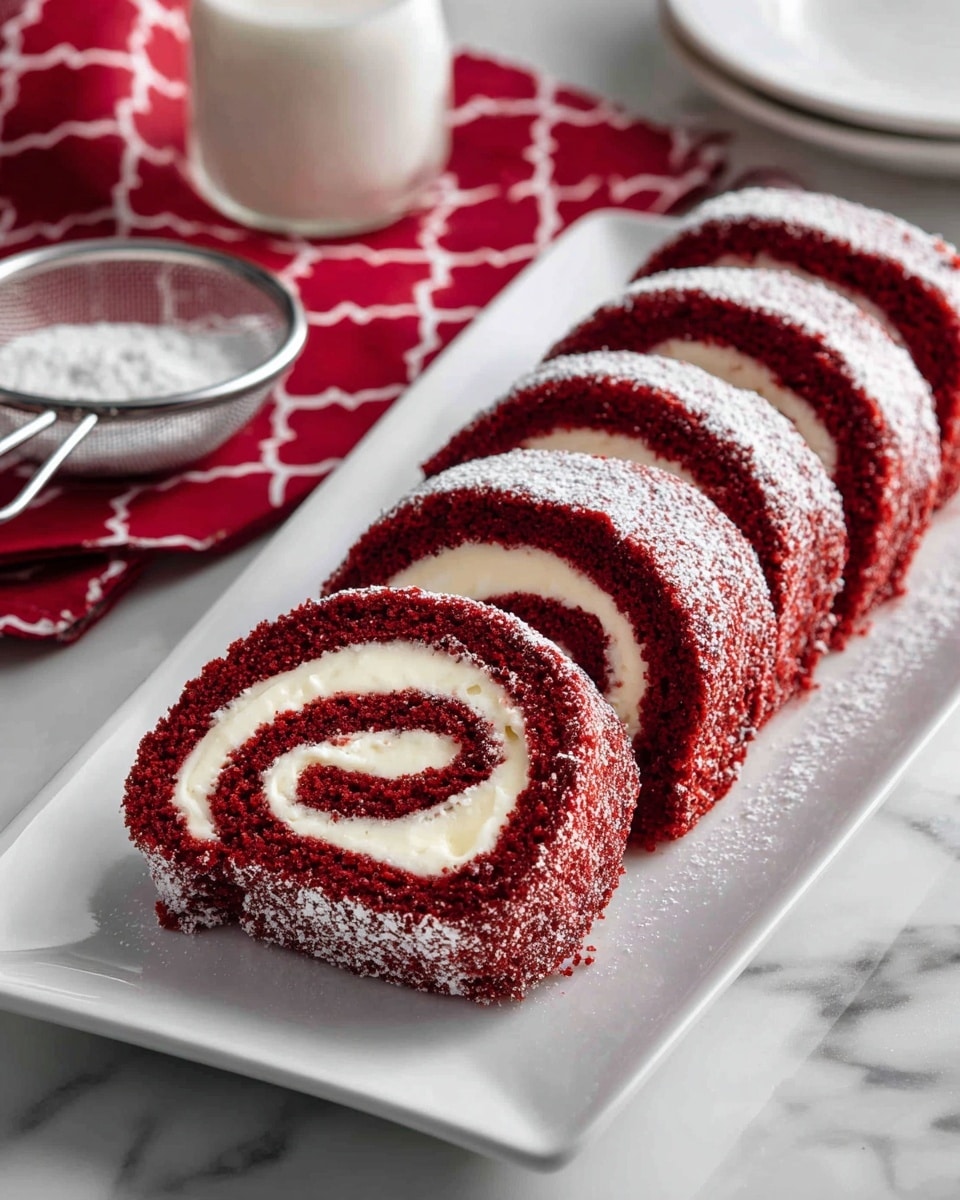 The image shows several slices of red velvet roll cake arranged neatly in a row on a white rectangular plate. Each slice has two visible layers: a deep red outer cake layer that looks soft and moist, and a creamy white inner layer that is smooth and thick, spiraled inside the cake. The slices have a light dusting of powdered sugar on top, adding a delicate white powder texture. The plate is placed on a white marbled surface, with a metal sieve filled with powdered sugar and a white jar partially visible nearby. In the background, a red cloth with a white lattice pattern adds a contrast of color. photo taken with an iphone --ar 4:5 --v 7