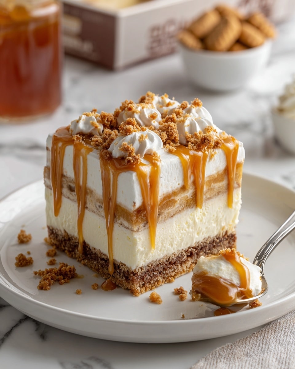 A square slice of layered dessert on a white plate shows three visible layers: a crumbly brown base, a thick white creamy middle, and another crumbly brown layer topped with a fluffy white cream. The top is decorated with thick caramel sauce drizzled in even lines and scattered with small crumb clusters. A spoon holds a bite-sized portion of the dessert with caramel on top, resting on the plate near a silver fork. The background has a white marbled surface with a blurred cookie box, caramel jar, and white bowl with brown crumbs. Photo taken with an iphone --ar 4:5 --v 7