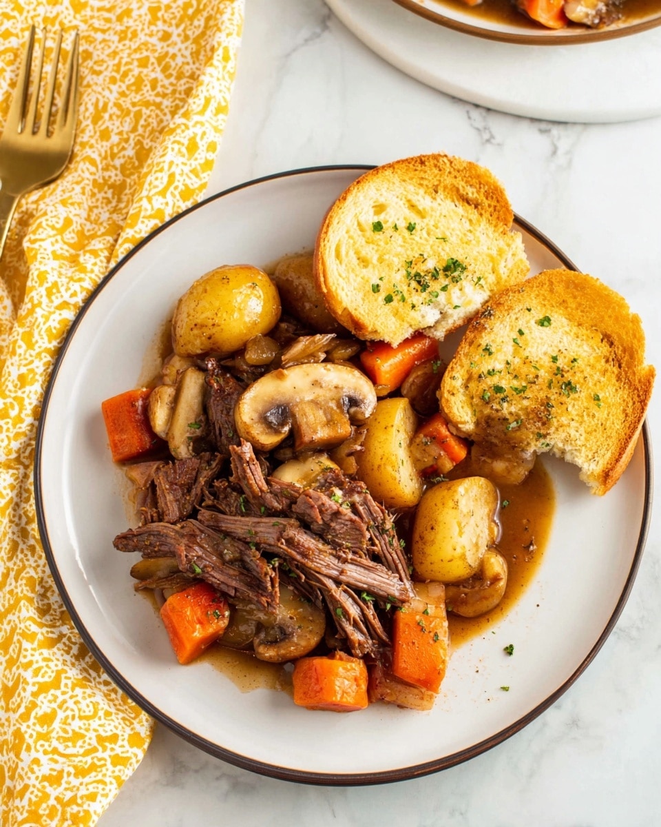 A white plate with a dark rim holds a stew layered with slow-cooked shredded brown beef in the center, surrounded by chunky orange carrots, golden-brown potatoes, and light brown mushroom slices, all covered in a brown gravy. On the top right of the plate are two pieces of toasted bread, one whole and one with a bite taken from it, sprinkled with small green herb bits. The plate rests on a white marbled surface next to a yellow and white patterned cloth, and a gold fork can be seen on the left edge. Photo taken with an iphone --ar 4:5 --v 7