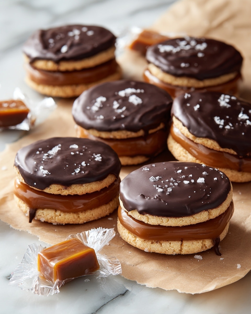 A group of round sandwich cookies arranged on a white marbled surface covered with brown parchment paper, each with two golden-baked cookie layers enclosing a middle layer of shiny, thick caramel and smooth dark chocolate, with some cookies showing the caramel and chocolate slightly oozing out from the sides; the cookies have a delicate, soft texture with slightly darker edges, and there are a few wrapped and unwrapped caramel candies scattered nearby. photo taken with an iphone --ar 4:5 --v 7