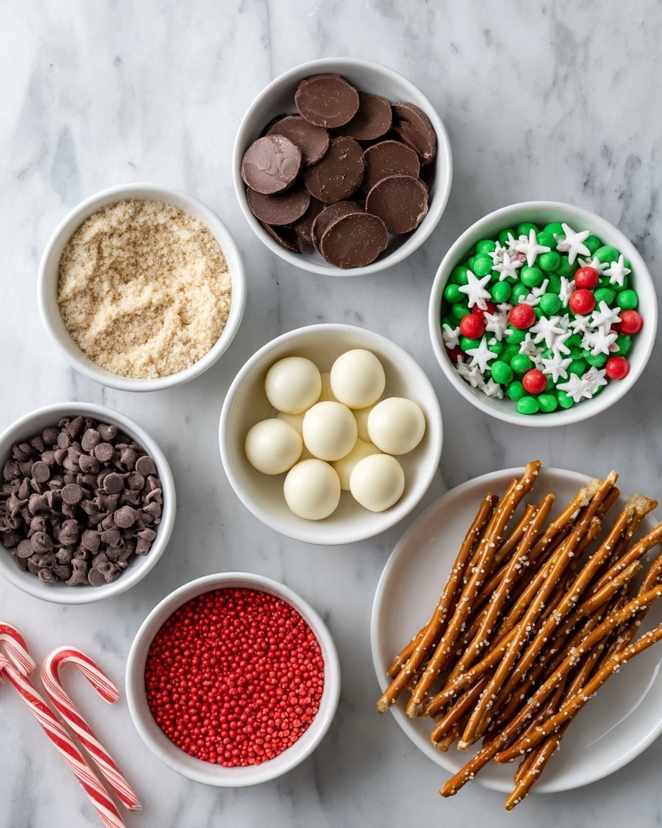 The image shows eight white bowls and a white plate arranged on a white marbled surface. The top bowl contains a light powdery ingredient with a crumbly texture, while the bowl below it holds dark brown flat chocolate discs. To the right, a bowl is filled with colorful green and red round sprinkles with small white star-shaped sprinkles scattered on top. Below that, a bowl has smooth, round white chocolate balls. At the bottom left, there is a bowl of tiny dark brown chocolate chips, next to it a bowl filled with small bright red spherical sprinkles. On the white plate on the right side, there are golden brown pretzel sticks sprinkled lightly with coarse salt. A small candy cane with red and white stripes is on the lower left corner of the image. photo taken with an iphone --ar 4:5 --v 7